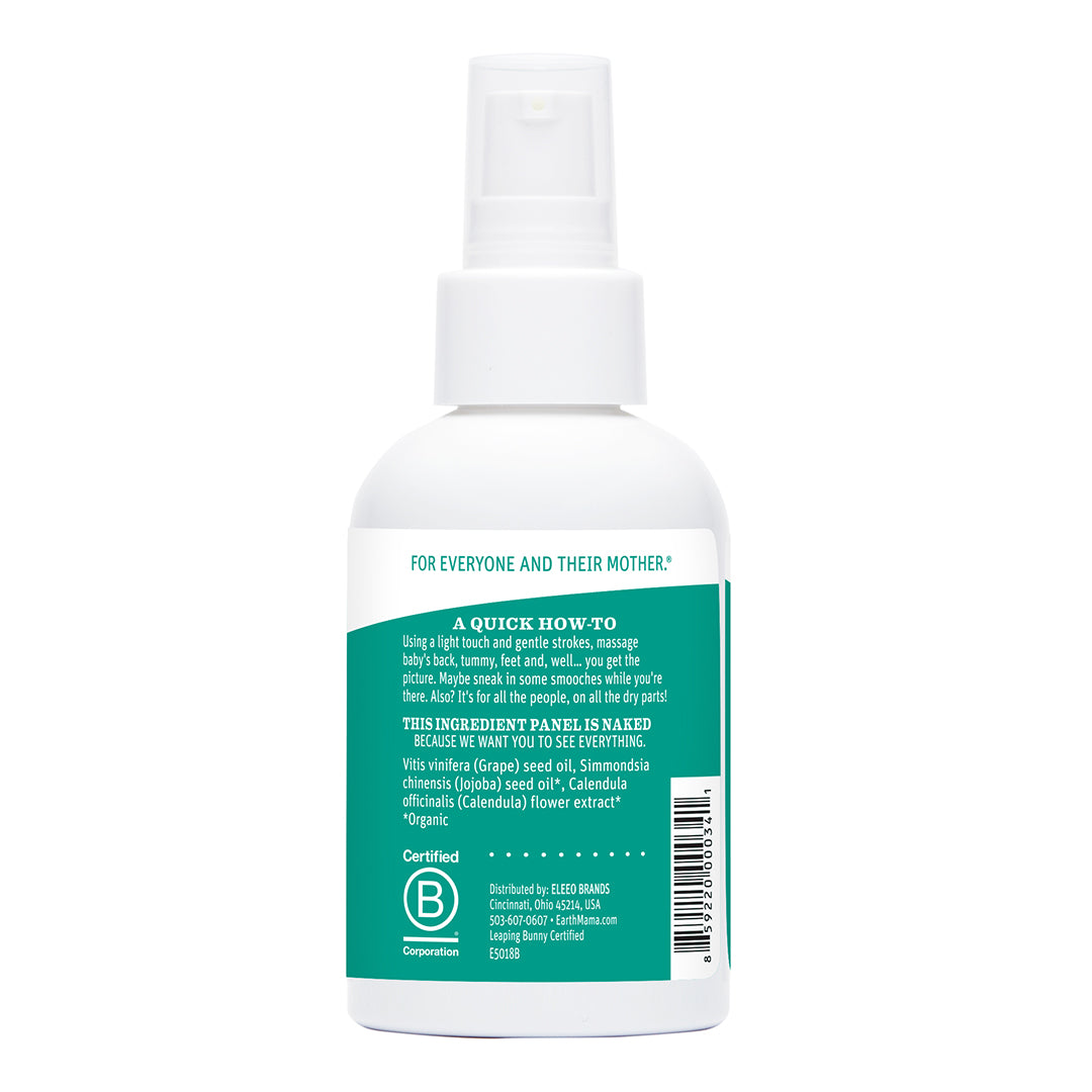 Earth Mama Calendula Baby Oil ingredients label — EWG Verified USDA Organic